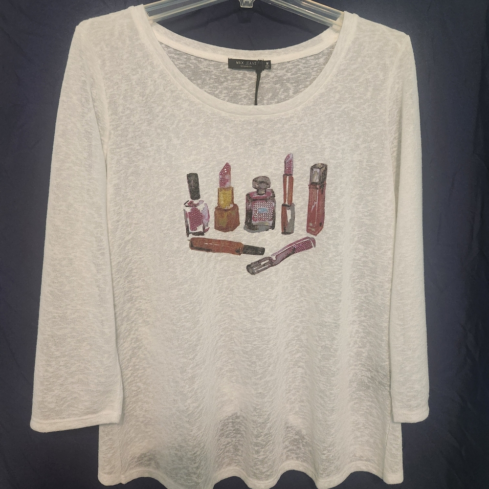 Max Jeans Women’s Embellished Top M New White Sparkle Rhinestone Cosmetic Print